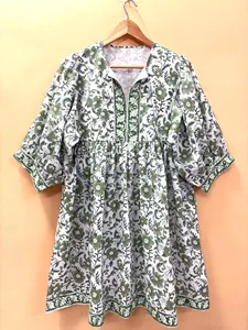 Ethnic Floral Hand Print Cotton Midi <b>Dress</b> With Tie Neck Short Puff Sleeve <b>Loose</b> Fit Casual Summer <b>Dress</b> For Women - Product Image 4