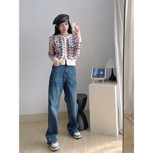 Jean en denim taille haute couleur bonbon, coupe ample, jambe large, longueur intégrale, délavage clair, style décontracté, automne - Product Image 3