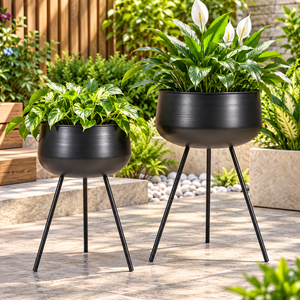 Pots de fleurs modernes en métal noir avec support trépied en fer, pots ronds contemporains pour l'intérieur, l'extérieur, le jardin, la terrasse, le balcon - Product Image 6