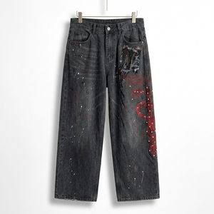 Jean ample pour homme style américain, orné de cristaux, imprimé tie-dye, coupe droite large, streetwear - Product Image 3