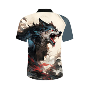 Polo con estampado digital de lobo oscuro rugiente para hombre |   Camiseta Artística con Cierre de Cremallera 1/4 Sublimada |   Ropa de Verano con Motivos Animales en Tonos Fríos y Atrevidos - Product Image 4