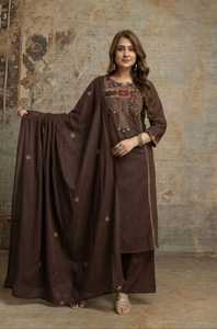 Ensemble de costume trois pièces en coton marron de créateur 60×60 avec kurta brodé, palazzo et dupatta pour la vente en gros - Product Image 1