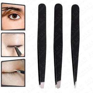Premium Set of 3 Eyebrow Tweezers Slanted Pointed Straight Tip Black Stainless Steel with PU Leather Pouch <b>Makeup</b> <b>Tool</b> Kit - Product Image 4