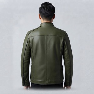 Veste en cuir vert olive pour homme, col montant, style motard, avec poches, coupe classique, pour l'automne - Product Image 5