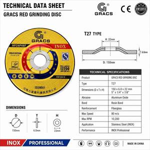 Gracs Yeşil Taşlama Diski 150x6x22mm T27 Göçük Merkezli |   Metal için Düşük Tozlu Eko Tekerlek |   EN12413 CE Sertifikalı Açılı Taşlama Makinesi - Product Image 3