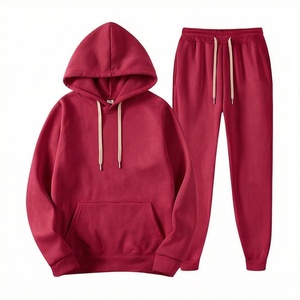 Ensemble de survêtement unisexe rouge à capuche en coton, sweat-shirt décontracté et pantalon de jogging pleine longueur, couleur unie, fermeture à cordon, pour l'automne - Product Image 1