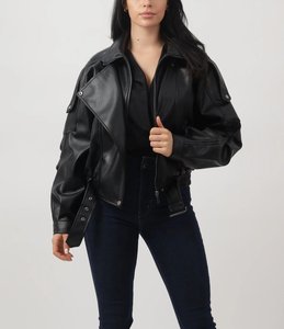 Chaqueta de cuero sintético negra oversize vintage para mujer al por mayor, estilo motero, abrigo de moda urbana, chaquetas de PU holgadas para mujer - Product Image 3