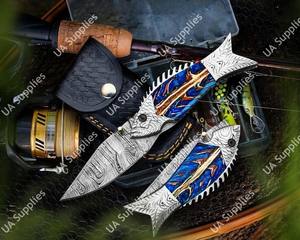 Cuchillo industrial multiusos EDC de 7.5 pulgadas con hoja de acero de Damasco de punta caída y mango de acero grabado con diseño de piña, ideal para pesca. - Product Image 4