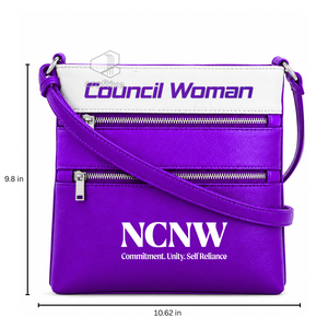 NCNW Sorority กระเป๋าสะพายข้างหนัง PU สีม่วง กระเป๋าซิปคู่ สายสะพายไหล่ปรับได้ ตราสัญลักษณ์ตัวอักษรกรีก - Product Image 1
