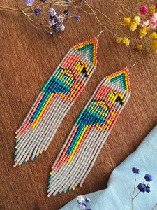 Pendientes largos de moda con cuentas de loro, pendientes de flecos con cuentas de semillas, pendientes de aves con cuentas, pendientes de naturaleza, pendientes tropicales, para regalo - Product Image 3