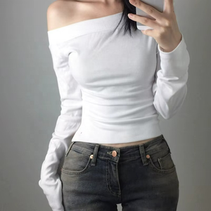Top de punto asimétrico de moda para mujer, camisa de manga larga con abertura lateral y botones, transpirable, de secado rápido y elegante. - Product Image 1