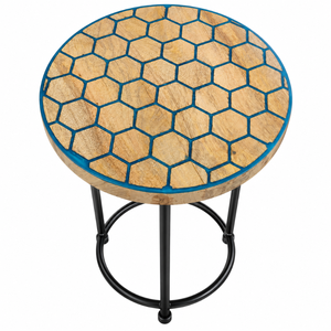 Tabouret artisanal en bois nid d'abeille avec structure en fer et plateau en bois naturel |   Tabouret d'appoint rond décoratif pour le salon, décoration intérieure - Product Image 1