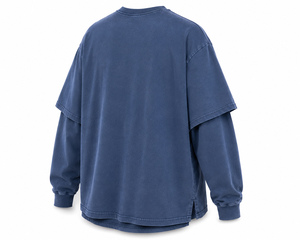 T-shirt à manches longues en coton à col rond pour homme, coupe oversize, double couche, avec logo frontal, anti-boulochage, style streetwear - Product Image 2