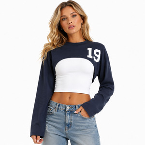 Premium Layered <b>Shrug</b> Extreme Crop <b>women's</b> shirt Long Sleeve Crew Neck Custom Number Print Cotton Varsity Graphic Bolero Top OEM - Product Image 3