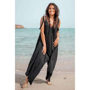 จั๊มสูทผ้าฝ้ายแขนกุดสำหรับผู้หญิง คอวี ทรงหลวม ขากว้าง สไตล์ฮาเร็ม ชุดลำลองสำหรับวันหยุด - Product Image 1