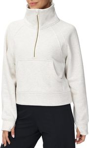 Women's' Half <b>Zip</b> Pullover Fleece Stand Collar <b>Crop</b> Sweatshirt with Pockets Thumb Hole Unlined Polyester/Cotton Blend Knitted - Product Image 6