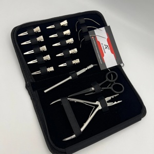 Kit professionnel d'outils pour extensions de cheveux en acier inoxydable, finition miroir argenté, petits kits de pose inclus, pinces, ciseaux, clips, boucles - Product Image 1