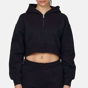 Sudadera con Capucha Corta Negra para Mujer, con Cierre de Cremallera, Forro Polar, Color Sólido, Ropa Casual de Otoño - Product Image 4