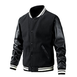 <b>Men</b> Varsity <b>Jacket</b> Green <b>White</b> Sleeve Solid Color Preppy Style Turn-down Collar Regular Fit Polyester Cotton Material - Product Image 2