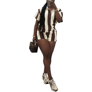 Custom Women Casual Vertical Striped Two Piece <b>Set</b> <b>Short</b> Sleeve Polo Collar Button <b>Top</b> <b>and</b> Matching <b>Shorts</b> Casual Summer Outfits - Product Image 5