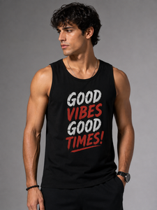 Débardeur noir pour homme Good Vibes Good Times, col rond, style décontracté, 100% polyester tricoté, séchage rapide, style urbain - Product Image 1