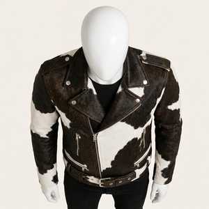 Chaqueta de Motero para Hombre, de Cuero Genuino con Patrón de Piel de Vaca, Cuello Camisero, Cierre de Cremallera, Corte Regular, Estilo Slim de Invierno, Personalizable - Product Image 3