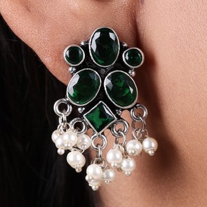 Antique Oxidized <b>Silver</b> Green Stone Drop <b>Earrings</b> with <b>Pearl</b> Hanging Wholesale Bulk | Ethnic Designer Jewelry Manufacturer - Product Image 3