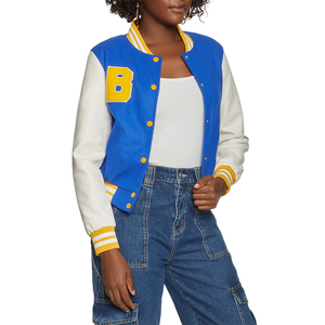 Chaqueta Universitaria Azul y Blanca con Letra B Amarilla en el Frente, Cierre de Botones, Cuello Camisero, Corte Regular, Estilo Preppy, Ropa de Otoño - Product Image 4