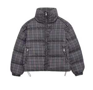Blouson matelassé à carreaux pour homme, col montant, fermeture éclair frontale, coupe-vent, décontracté, hiver, en polyester épais, longueur courte - Product Image 1