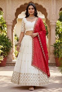 White Embroidered Lehenga Choli with Red <b>Net</b> <b>Dupatta</b> Women's Indian Pakistani Party Wedding Outfit - Product Image 4