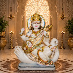 Estatua de Saraswati de mármol blanco con cisne |   Ídolo de Saraswati en Mármol y Murti de la Diosa Saraswati para Templo Doméstico por MALIYAS Jaipur - Product Image 1
