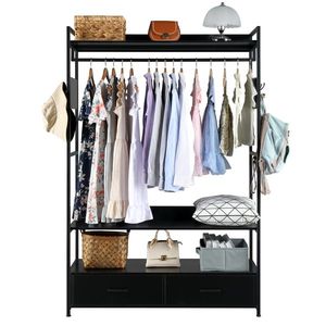 Armoire de rangement autoportante noire en métal robuste pour chambre à coucher avec penderie et multiples étagères de rangement - Product Image 1