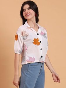 Camisa de Mujer con Estampado, Mezcla de Polialgodón, Cuello Abierto, Manga 3/4, Corte Recortado y Cierre con Botones - Product Image 3