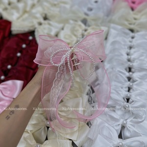 Organza <b>Bow</b> Hair Clip with Lace and Pearl Chains Elegant 18*27cm for Party Women from Vietnam - Product Image 5