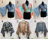 Top de seda estampado para mujer, top cruzado estilo bohemio, blusa con mangas acampanadas