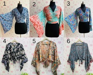 Top de seda estampado para mujer, top cruzado estilo bohemio, blusa con mangas acampanadas - Product Image 2