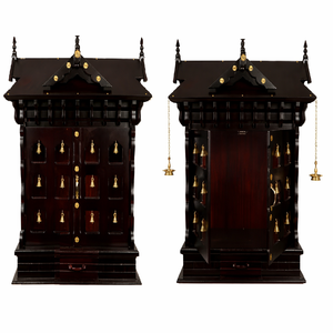 Unités de Puja personnalisées en bois de teck de style clochettes d'Inde du Sud avec clochettes, Mandir traditionnel brun foncé à vendre au Canada - Product Image 1