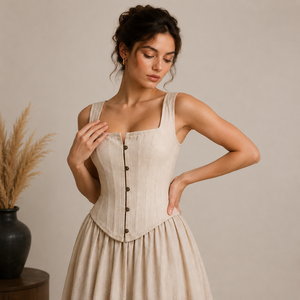 Robe Corset Vintage Renaissance pour Femme, Top Corset Overbust Beige en Coton et Lin avec Jupe, Corset Amincissant à Baleines en Acier - Product Image 1