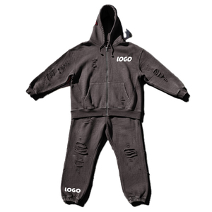 Survêtement unisexe gris à capuche, fermeture éclair intégrale, couleur unie, design vieilli, tenue décontractée pour adultes, saison automne, 100 % coton - Product Image 2