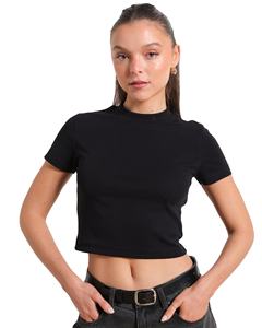 Camiseta Corta de Moda para Mujer, Tejido Elástico Acanalado, Ajuste Delgado, Cuello Redondo, Manga Corta, Estilo Casual Urbano, Venta al por Mayor - Product Image 1