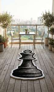 Tapis d'appoint moderne haut de gamme en laine tuftée à la main, motif roi d'échecs, antidérapant, noir et blanc, thème jeu, pour salon et chambre à coucher - Product Image 5