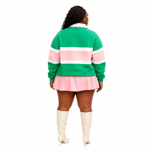 Polo de rugby pour femme à blocs de couleur, haut en maille à manches longues, style preppy, rayé vert rose blanc, col chemise, vêtement de sport décontracté - Product Image 2
