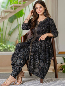 <b>Women</b> Cotton Black Digital Printed Quick Dry <b>Kurta</b> Pant Set Regular Fit Knee-Length Traditional Style Casual Wear India Pakistan - Product Image 1