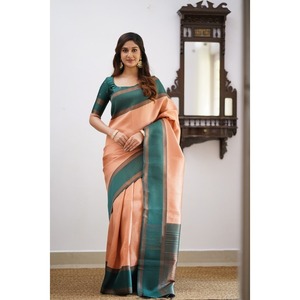 SAREE DE SEDA SUAVE BANARASI DE MODA CON BLUSA SIN COSTAR MELOCOTÓN LIGERO - Product Image 1