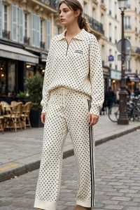 Ensemble de survêtement sportif pour femme à pois, haut à col roulé à manches longues avec fermeture éclair et pantalon à cordon de serrage, léger - Product Image 6