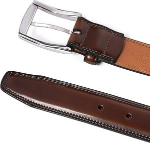 <b>Brown</b> Genuine Leather <b>Belt</b> <b>Men</b> Formal Solid Color Pin Buckle Silver Rectangular Durable Style - Product Image 4