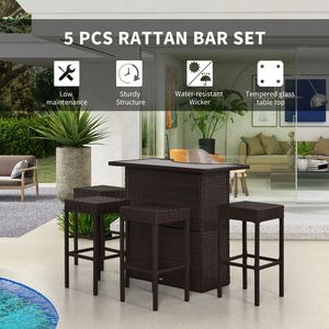 Ensemble de bar en rotin brun 5 pièces pour terrasse extérieure et jardin, comprenant une table avec plateau en verre, 4 tabourets de bar avec étagère de rangement à 2 niveaux - Product Image 4