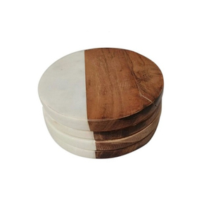 Handcrafted Round Marble And Wood <b>Coaster</b> Set <b>White</b> Marble & Natural Acacia Wood Drink <b>Coasters</b> For Home Hotel And Office Table - Product Image 1