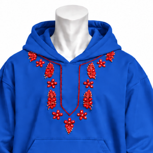 Royal Blue Indus Embroidered Pullover <b>Hoodie</b> Decorative Floral <b>Stitching</b> Kangaroo Pocket Relaxed Casual Streetwear Winter - Product Image 3