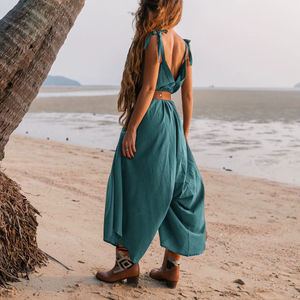 Mono de algodón bohemio azul cielo, pantalón ancho para yoga, atuendo suelto de playa, mono de festival, ropa de verano para mujer - Product Image 1